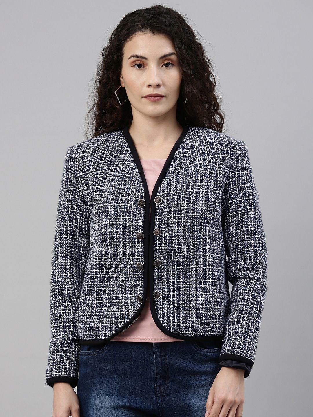 campus sutra women navy blue & white comfort fit checked collarless casual blazer