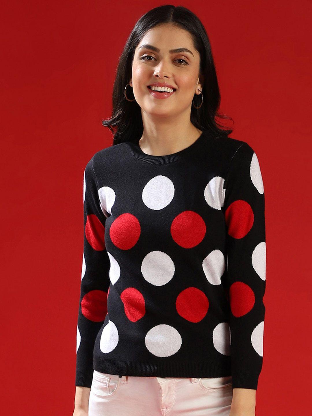 campus sutra women navy blue & white polka dot printed pullover