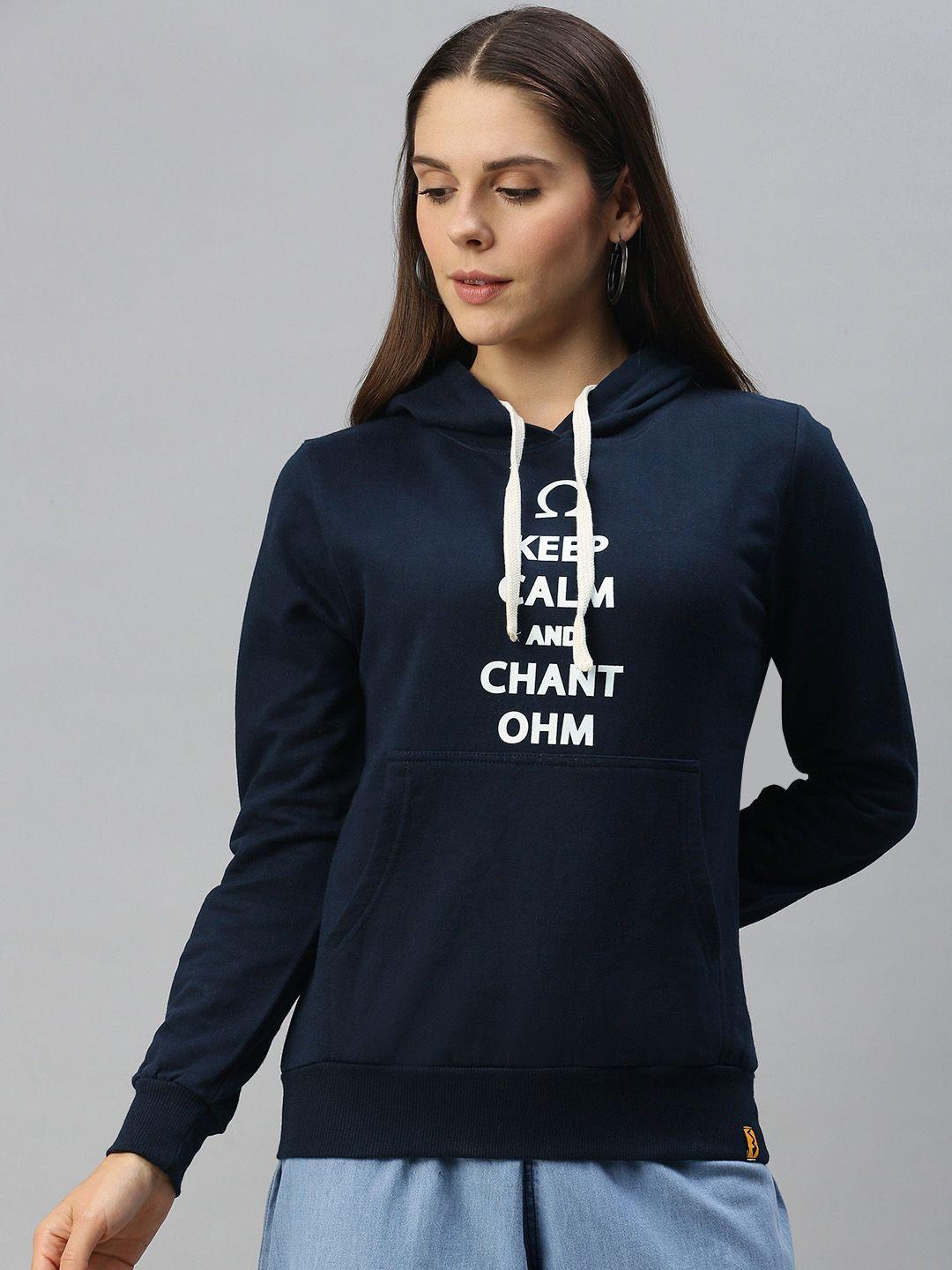 campus sutra women navy blue & white printed hooded pullover sweatshirt