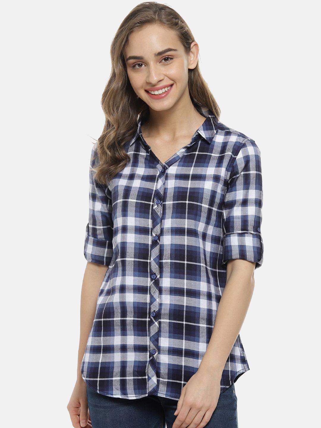 campus sutra women navy blue & white regular fit checked casual shirt