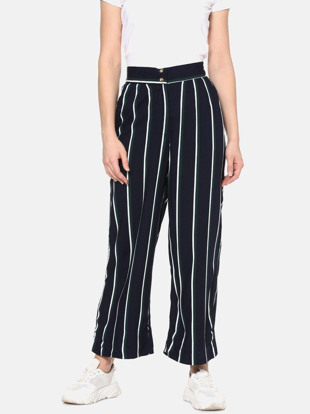 campus sutra women navy blue & white relaxed loose fit striped parallel trousers