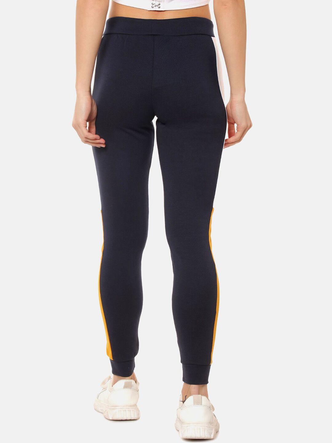 campus sutra women navy blue & yellow colourblocked tights