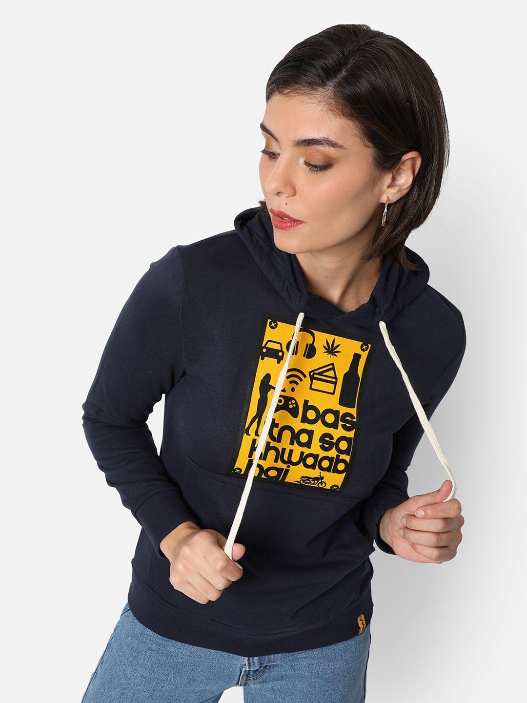 campus sutra women navy blue printed hooded cotton sweatshirt