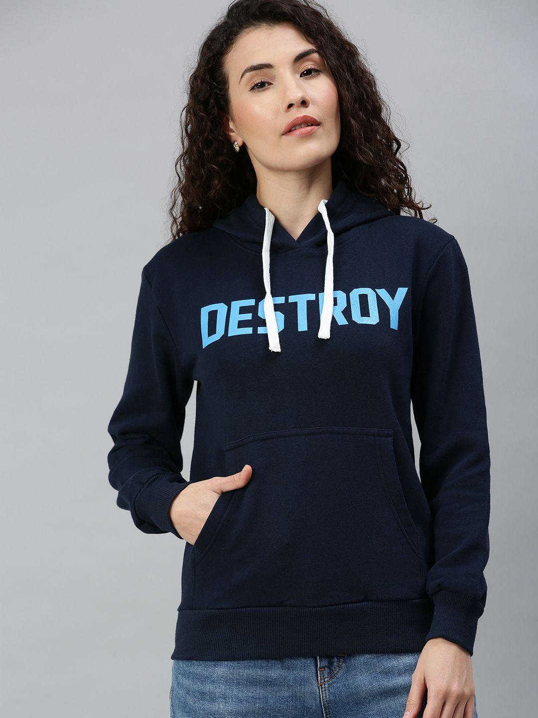 campus sutra women navy blue printed hooded sweatshirt