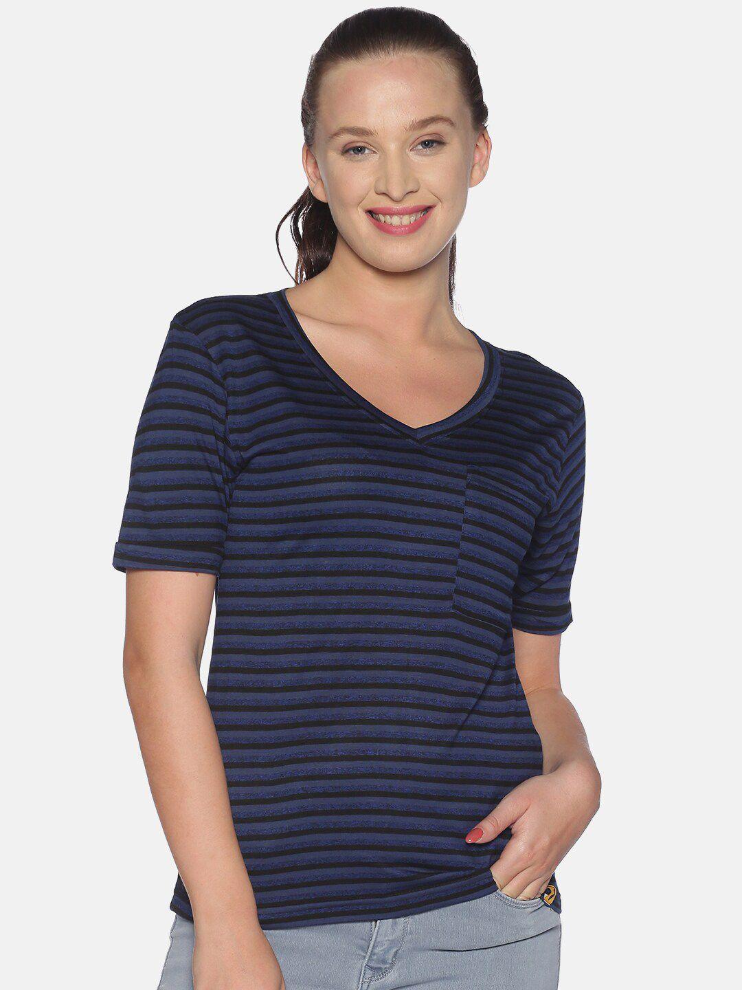 campus sutra women navy blue striped regular top