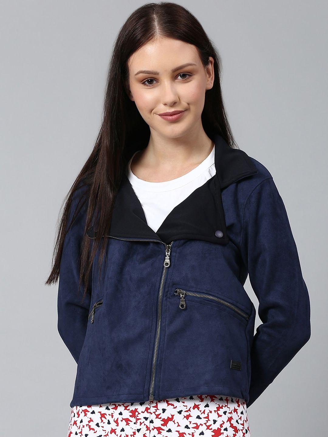 campus sutra women navy blue suede windcheater tailored jacket