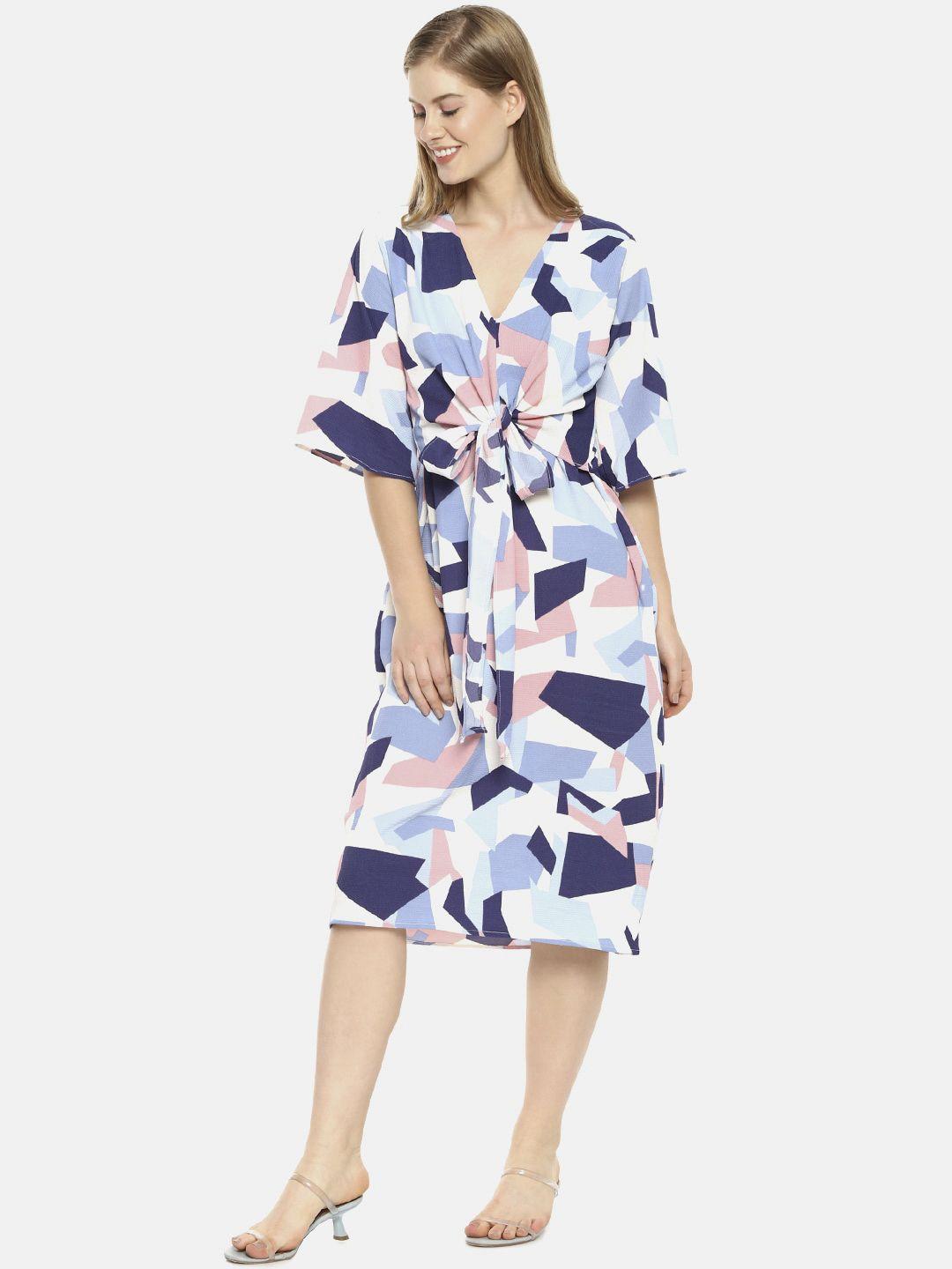 campus sutra women off white & blue printed a-line midi dress