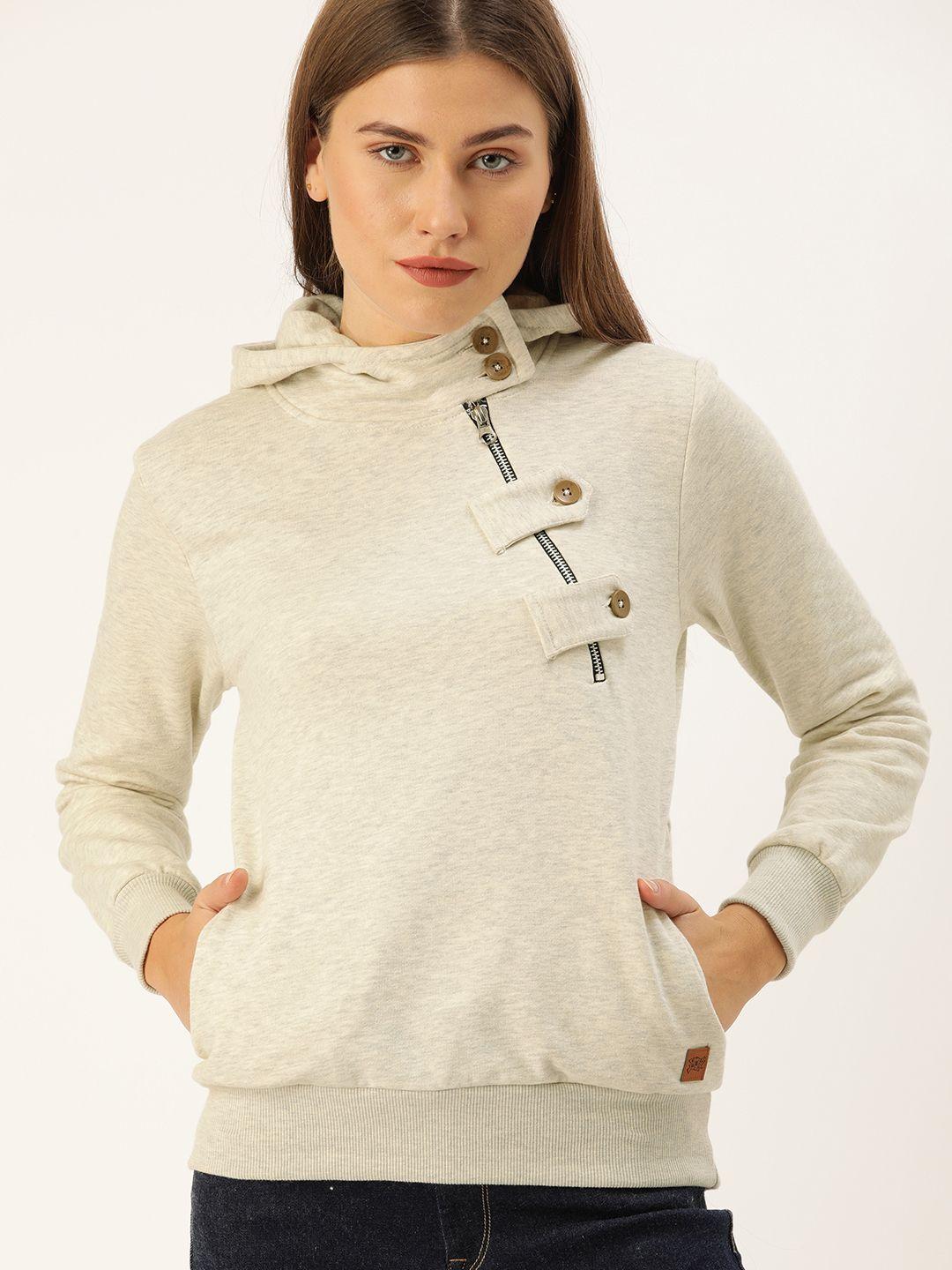 campus sutra women off-white solid hooded sweatshirt