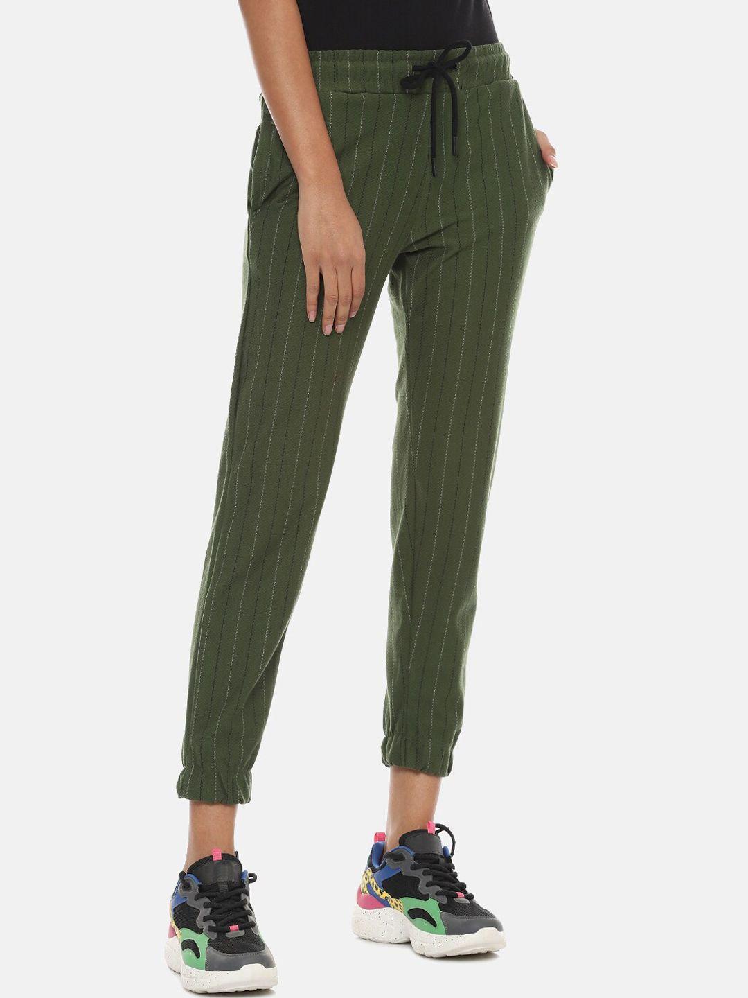 campus sutra women olive green & white striped cotton active joggers