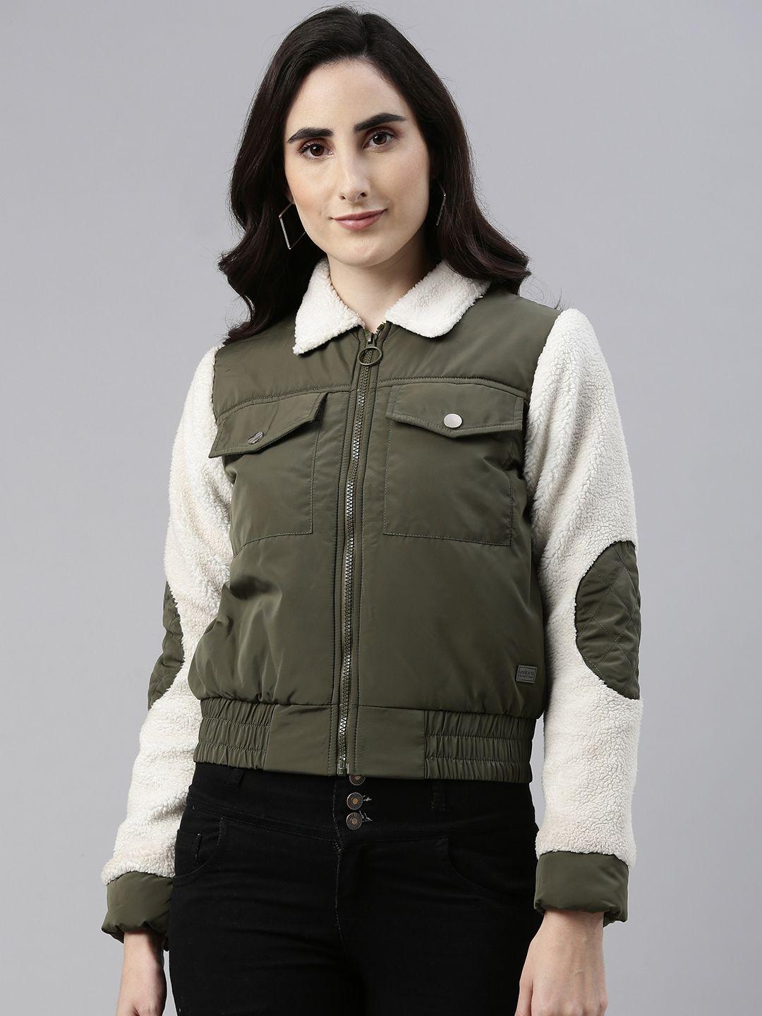 campus sutra women olive green and off-white colourblocked bomber jacket