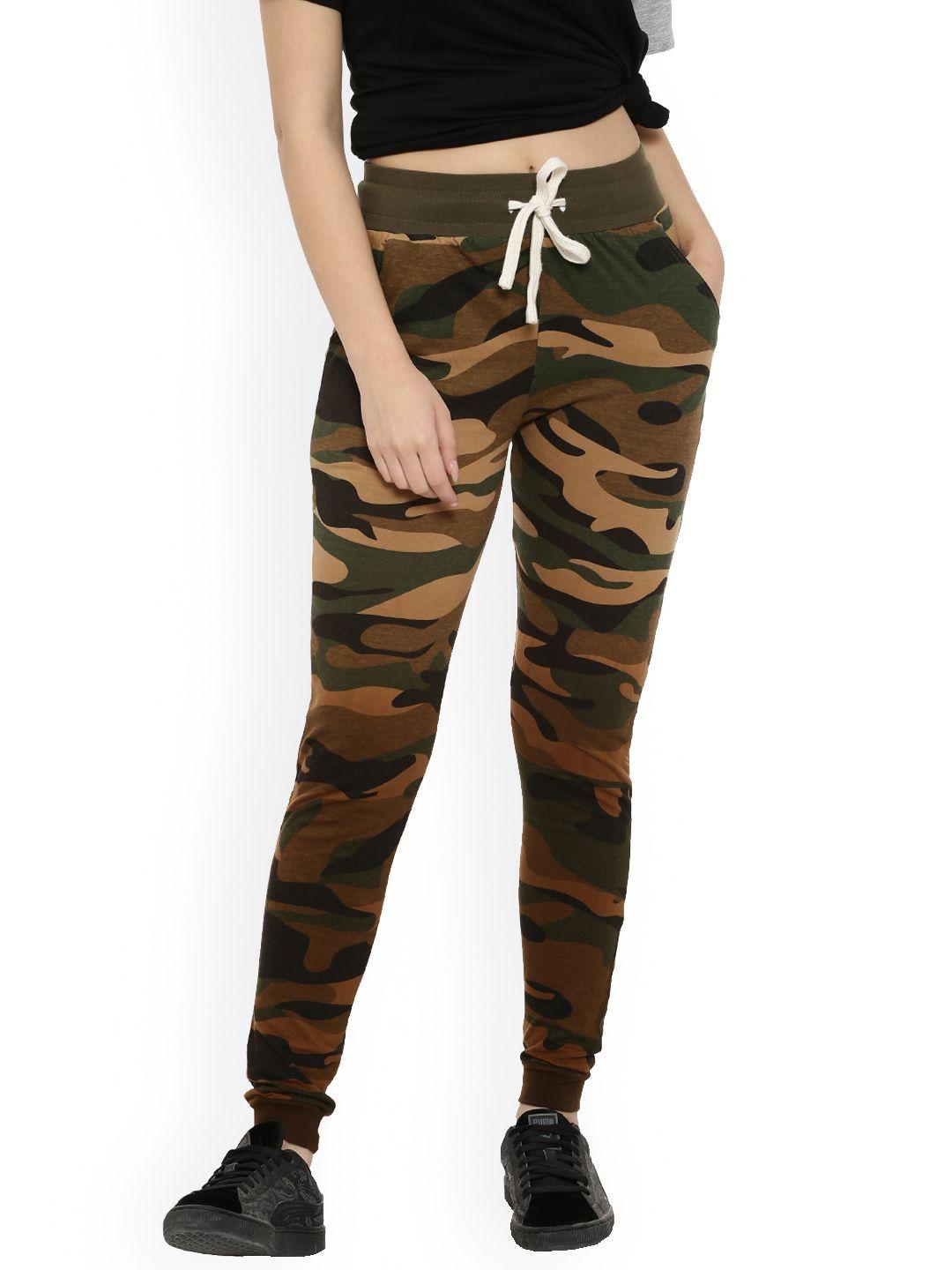 campus sutra women olive green camouflage print joggers
