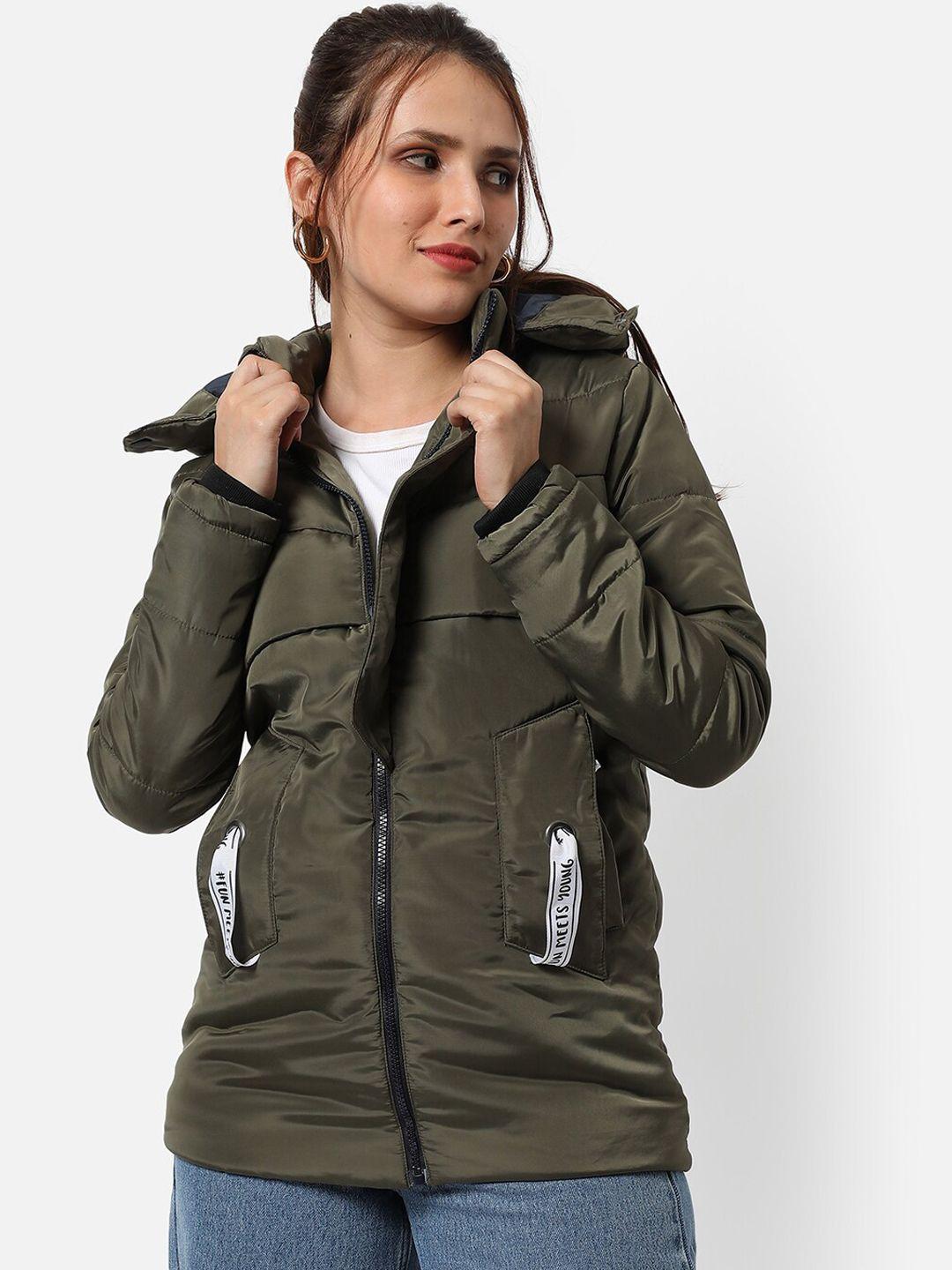 campus sutra women olive green camouflage windcheater longline outdoor padded jacket with patchwork