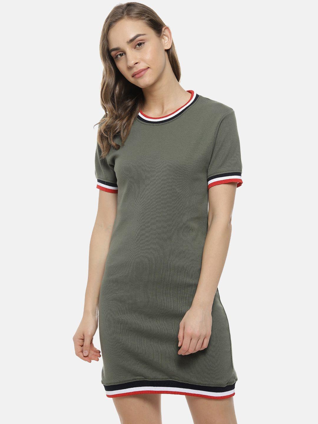 campus sutra women olive green pure cotton solid t-shirt dress