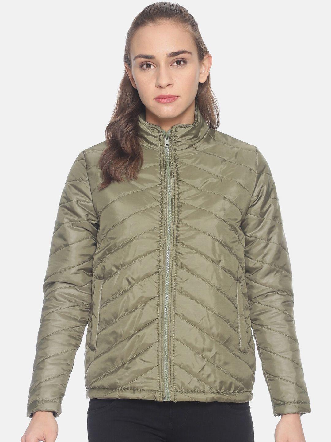 campus sutra women olive green solid windcheater padded jacket