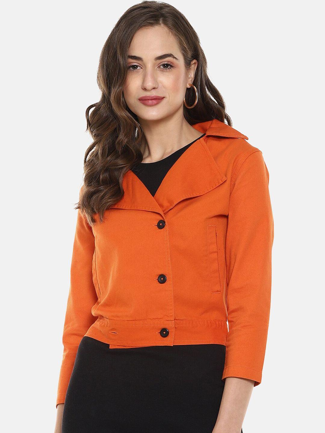 campus sutra women orange solid windcheater denim jacket