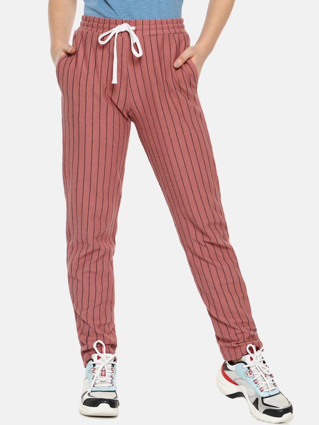 campus sutra women peach-color & black striped straight-fit track pants