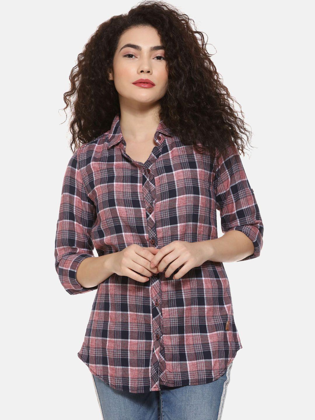 campus sutra women peach-coloured and black regular fit checked casual shirt