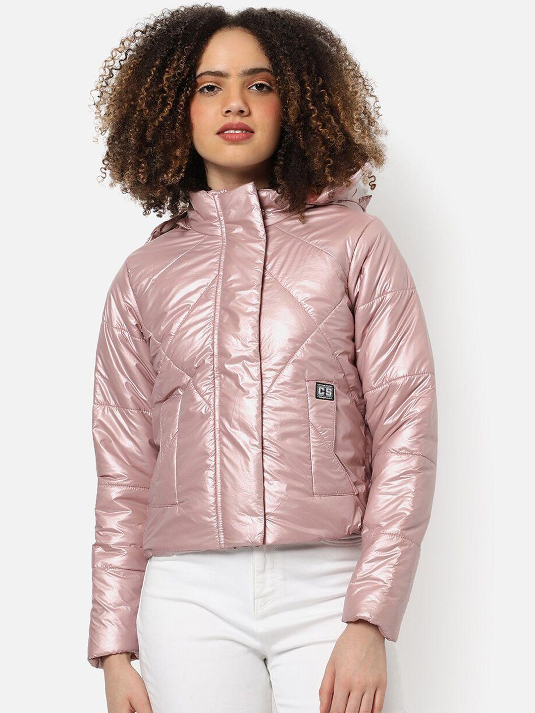 campus sutra women peach-coloured floral windcheater outdoor puffer jacket