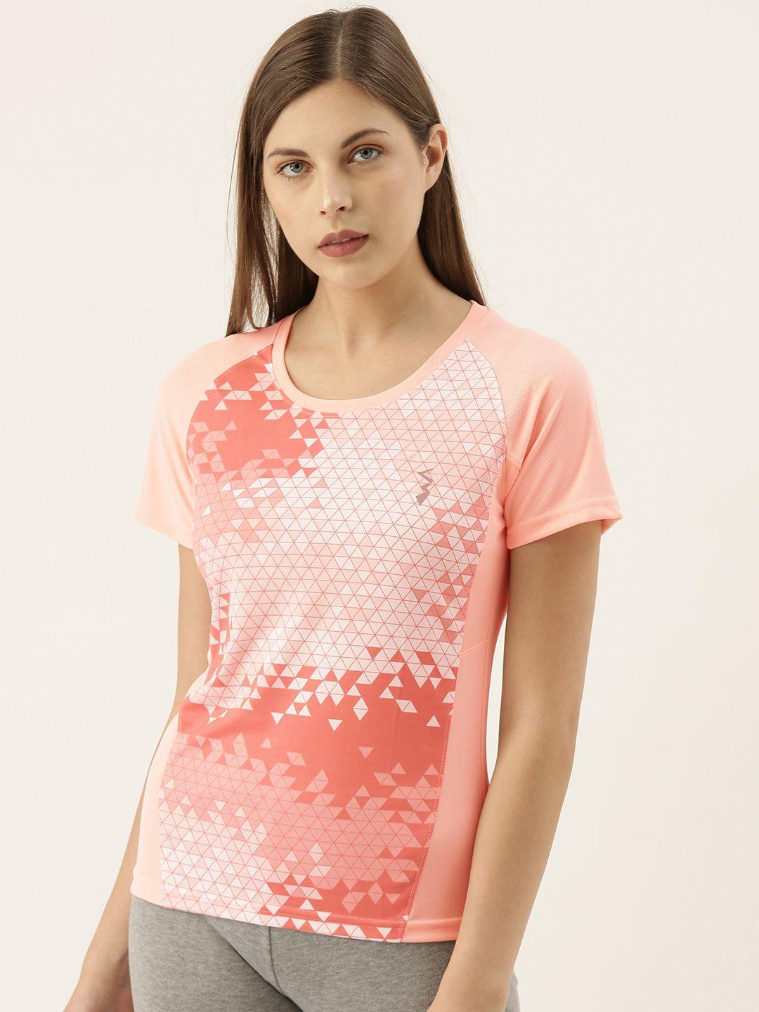 campus sutra women peach-coloured printed round neck t-shirt