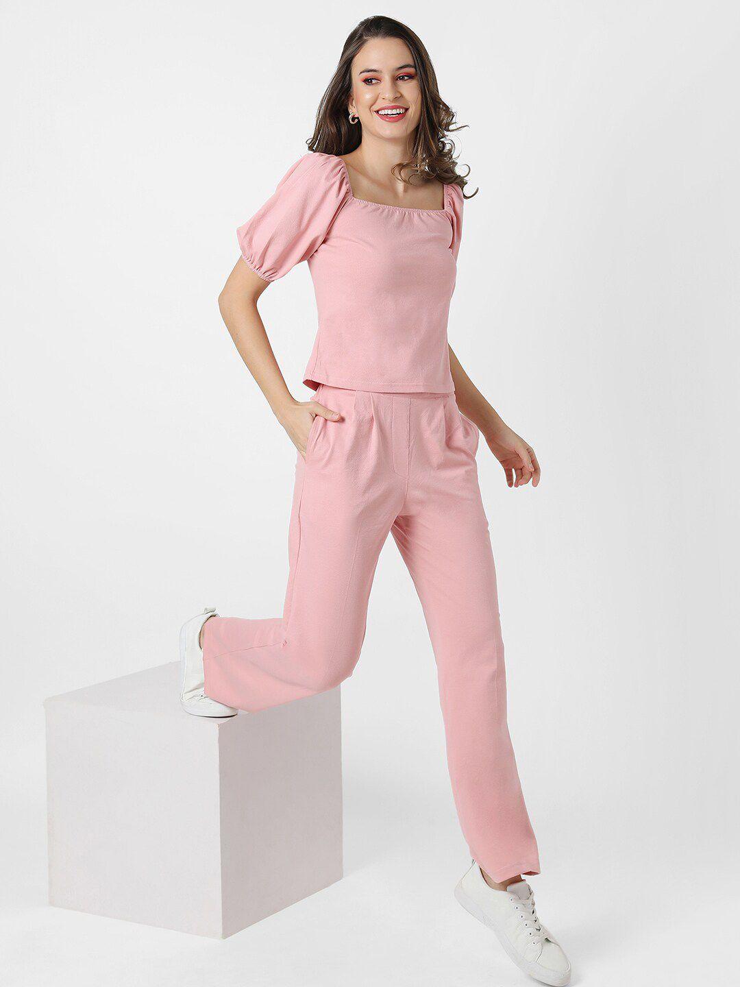 campus sutra women peach-coloured solid casual co-ord set