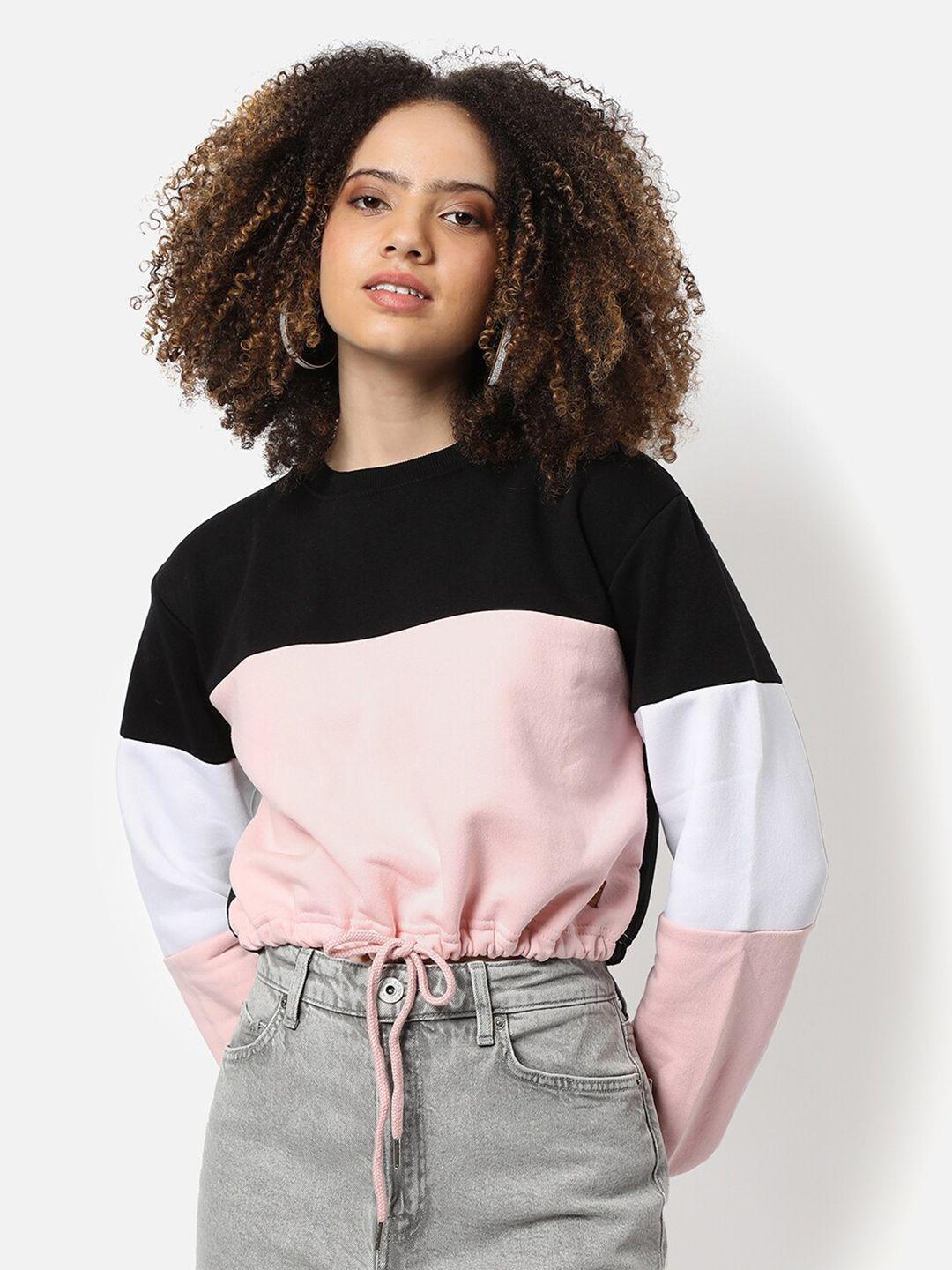 campus sutra women pink & black colourblocked sweatshirt