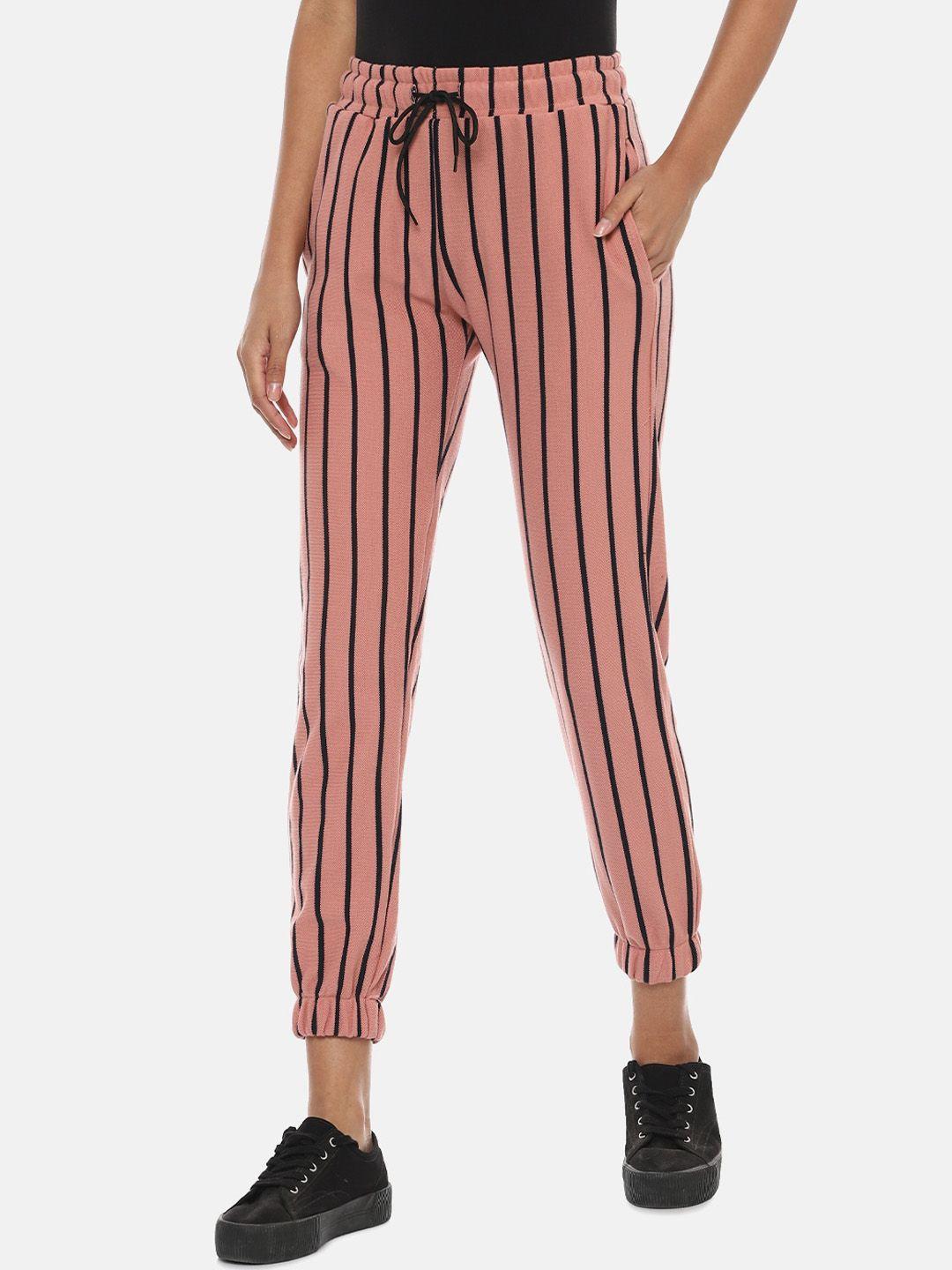 campus sutra women pink & black striped cotton active joggers