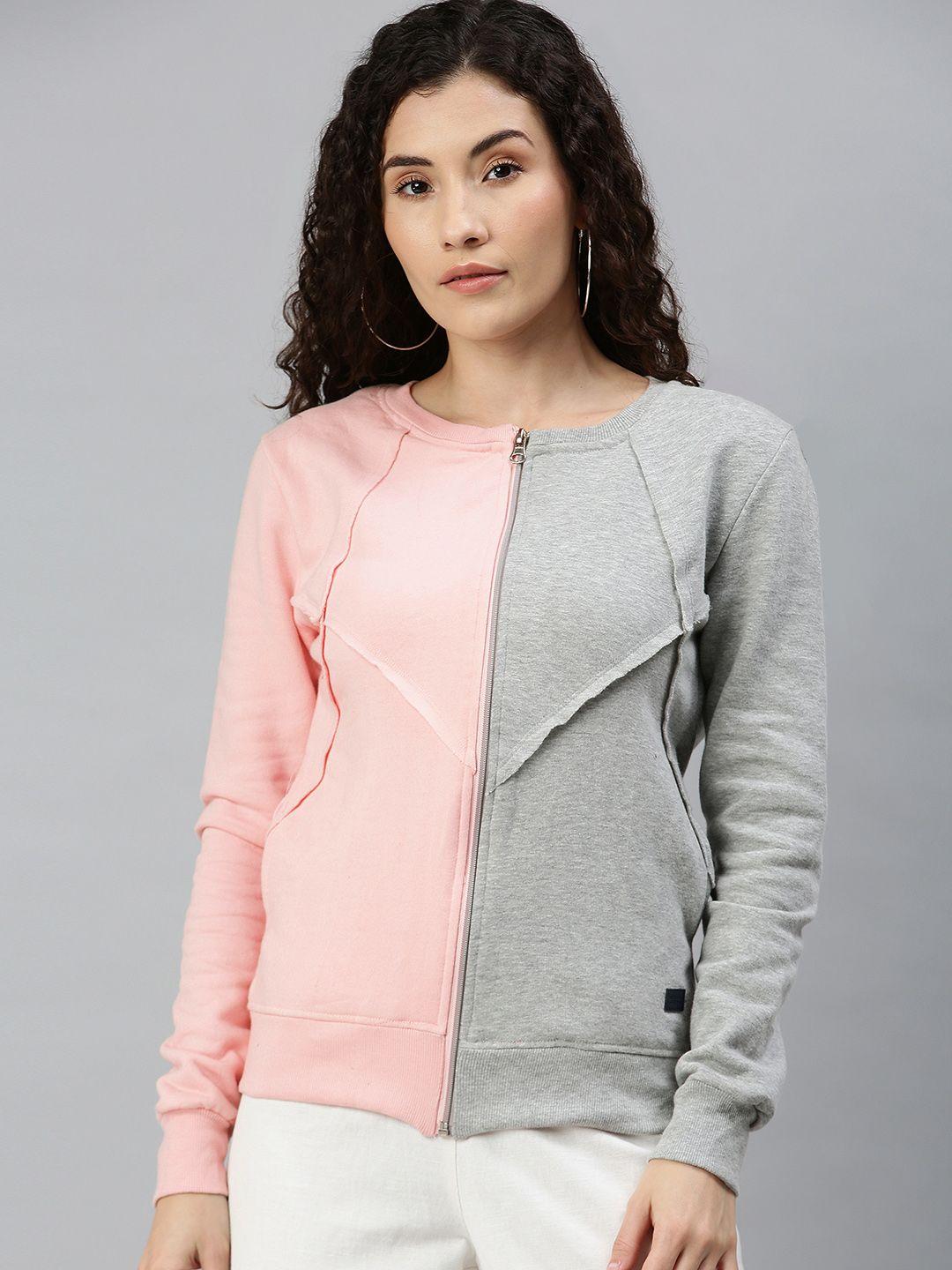 campus sutra women pink & grey colourblocked sweatshirt