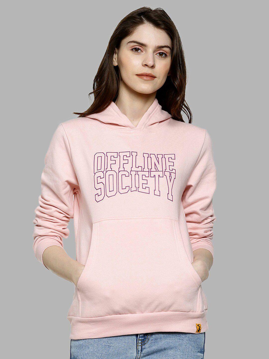 campus sutra women pink printed cotton hooded sweatshirt