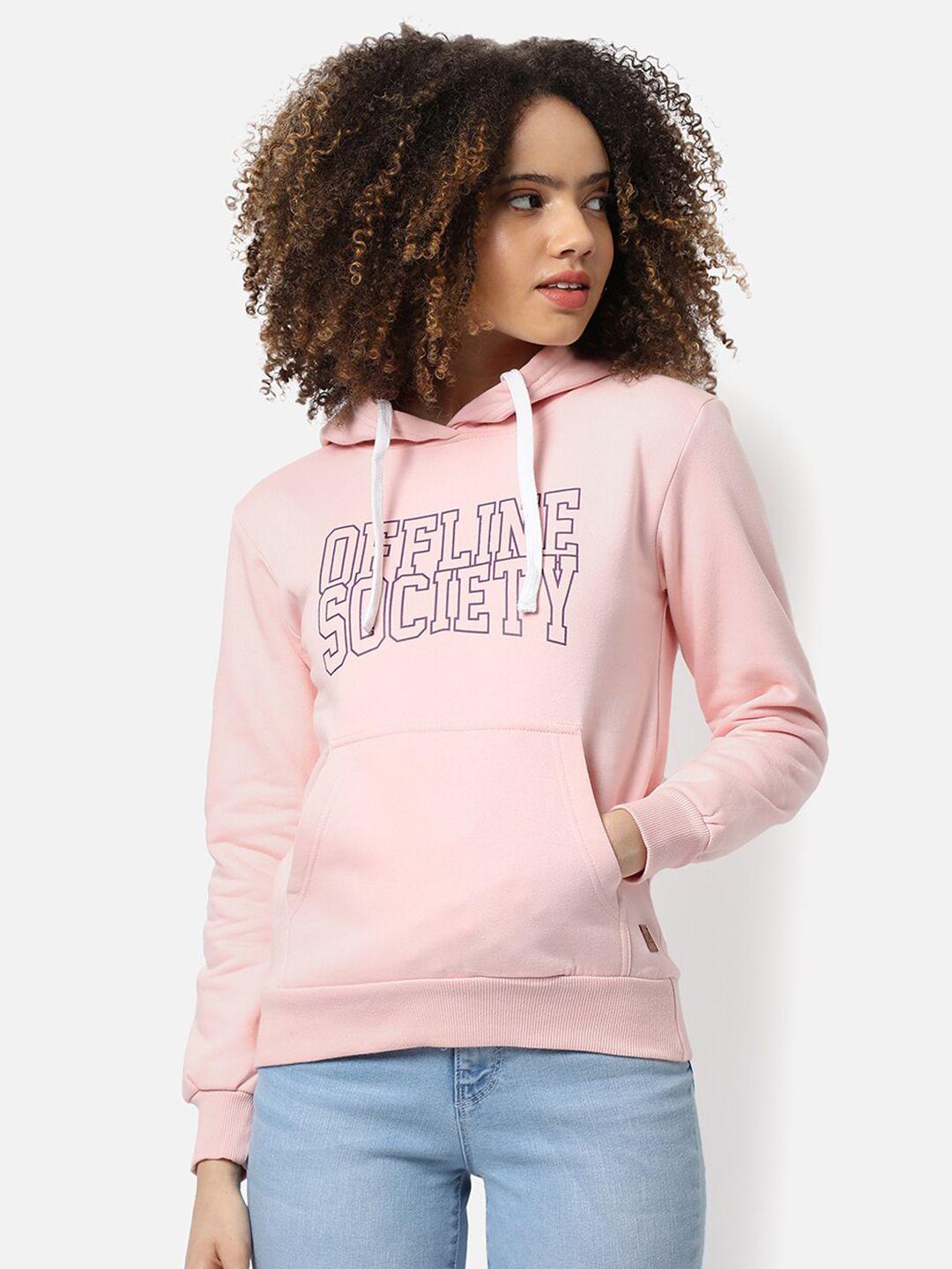 campus sutra women pink printed hooded cotton sweatshirt