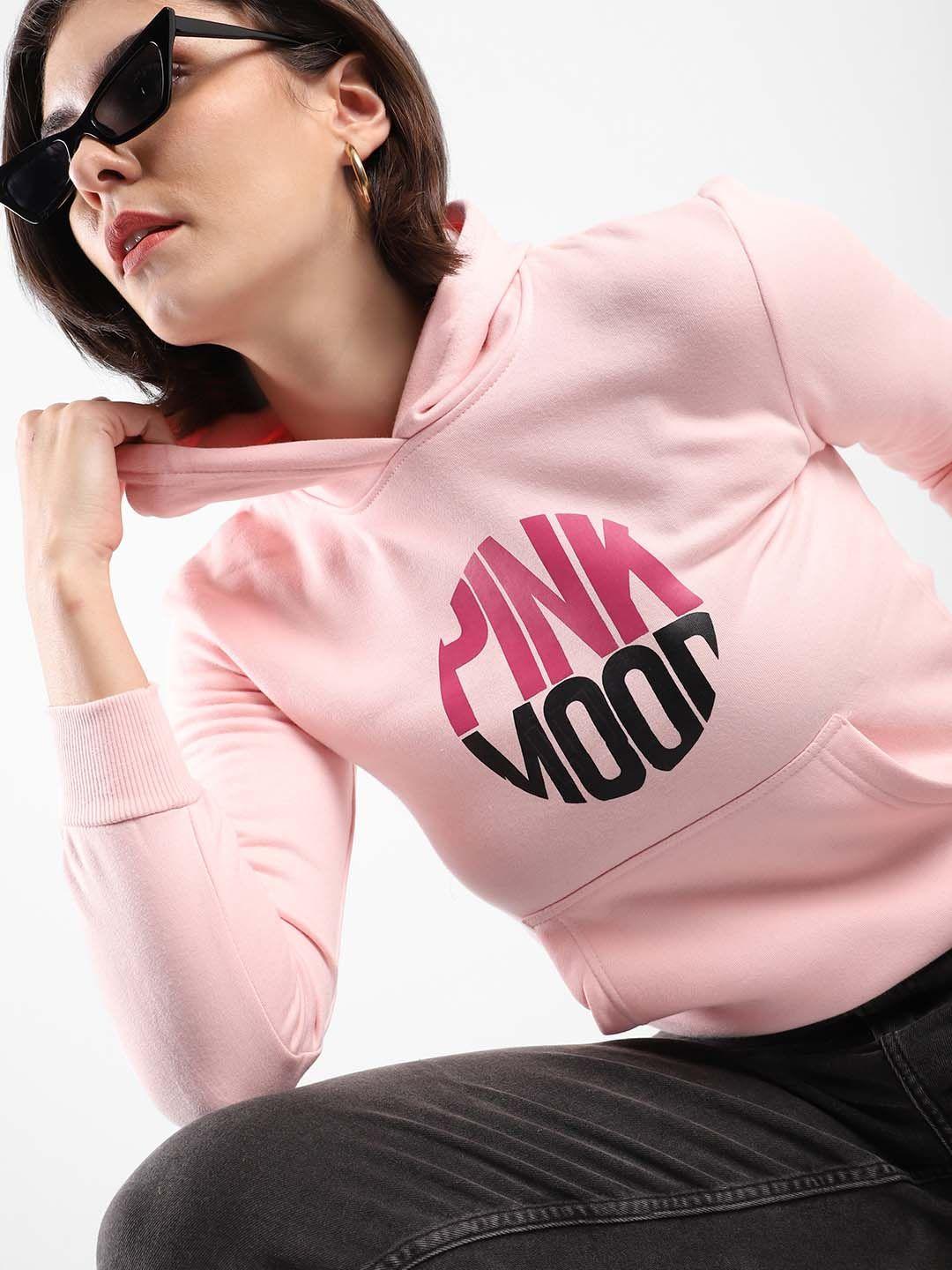 campus sutra women pink printed hooded sweatshirt