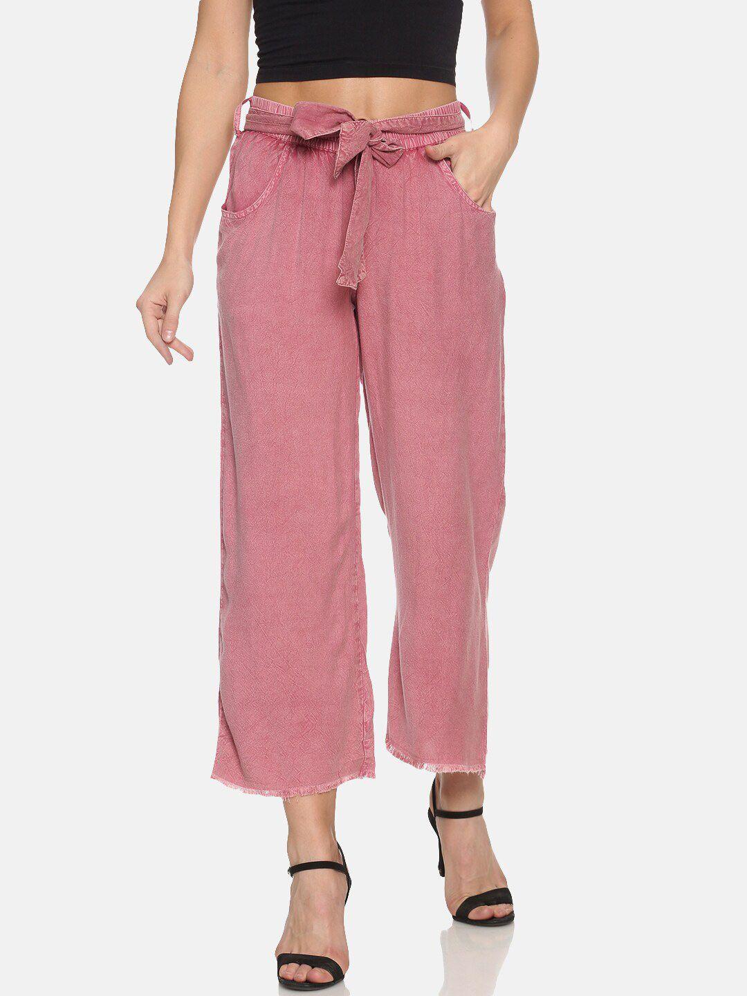 campus sutra women pink relaxed flared solid regular trousers