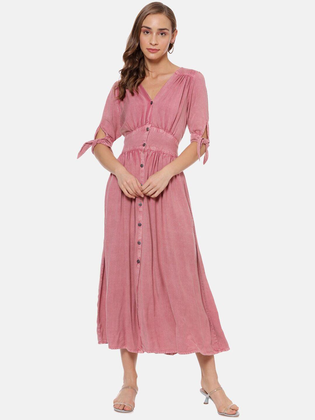 campus sutra women pink solid fit and flare dress