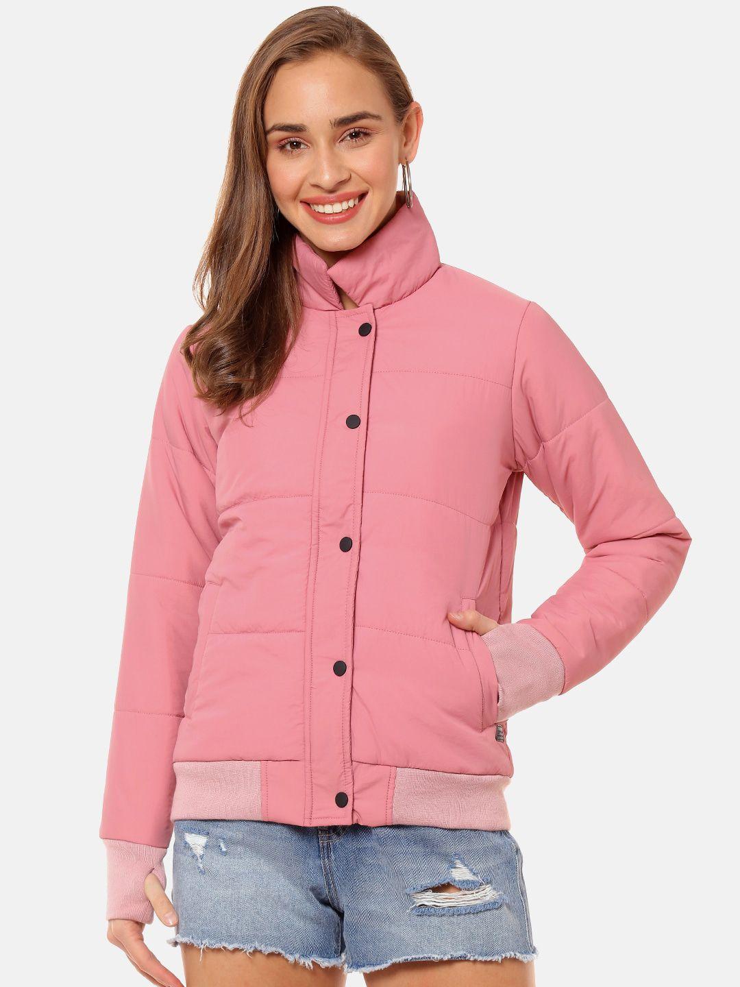 campus sutra women pink solid windcheater bomber jacket