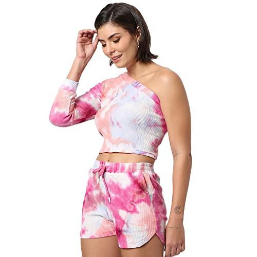 campus sutra women pink tie-dye regular fit cropped co-ords for winter wear | one shoulder | shorts | ribbed co-ords | casual co-ords for woman | stylish co-ords for women