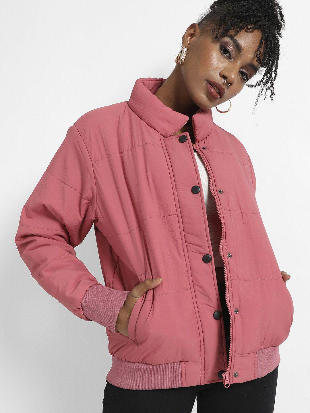 campus sutra women pink windcheater outdoor tailored jacket with embroidered