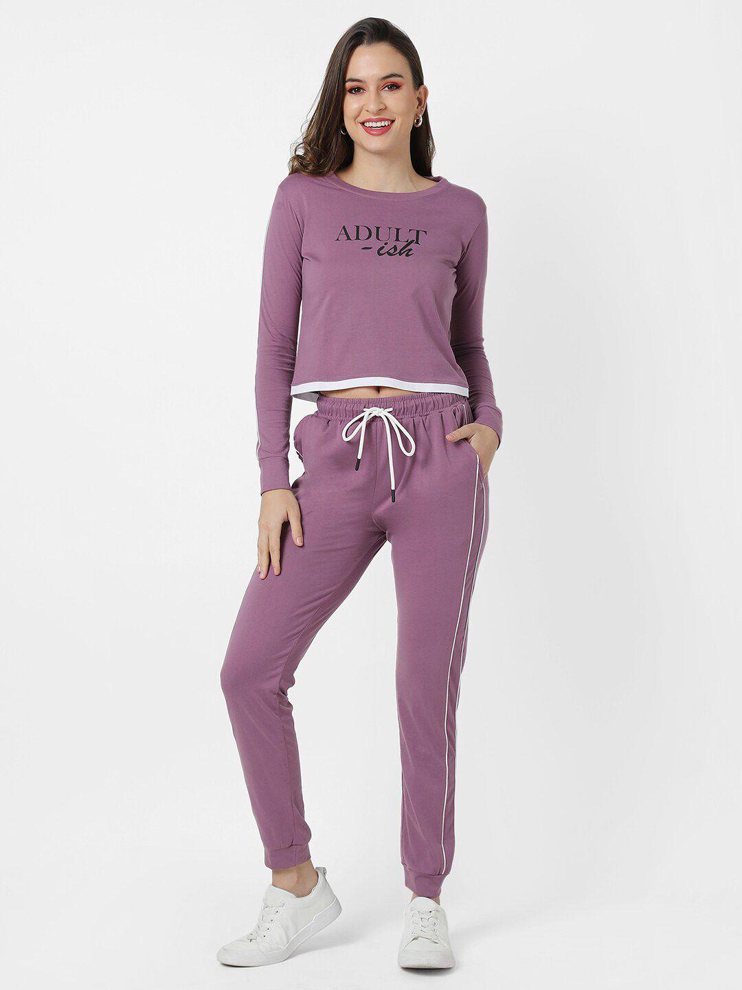 campus sutra women purple printed cotton co-ords