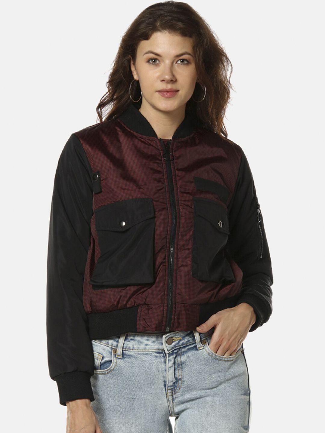campus sutra women red & black checked windcheater crop bomber jacket