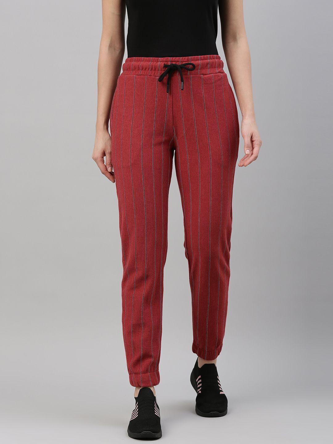 campus sutra women red & black striped cotton active joggers