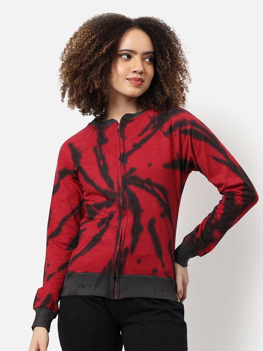 campus sutra women red & black tie-dye regular fit zipper sweatshirt