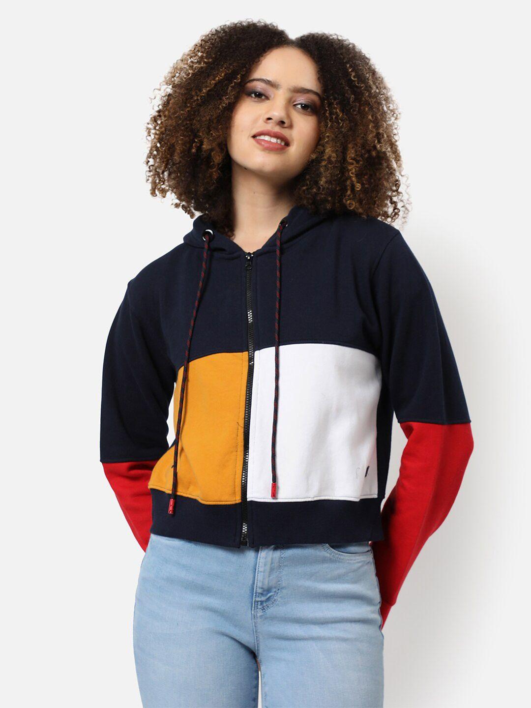 campus sutra women red colourblocked hooded sweatshirt