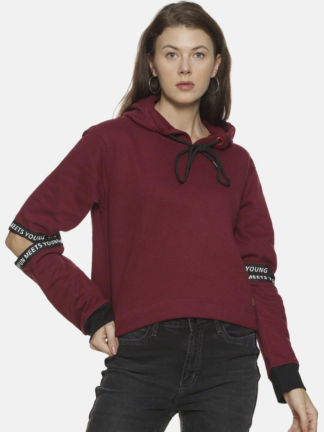 campus sutra women red hooded pure cotton sweatshirt