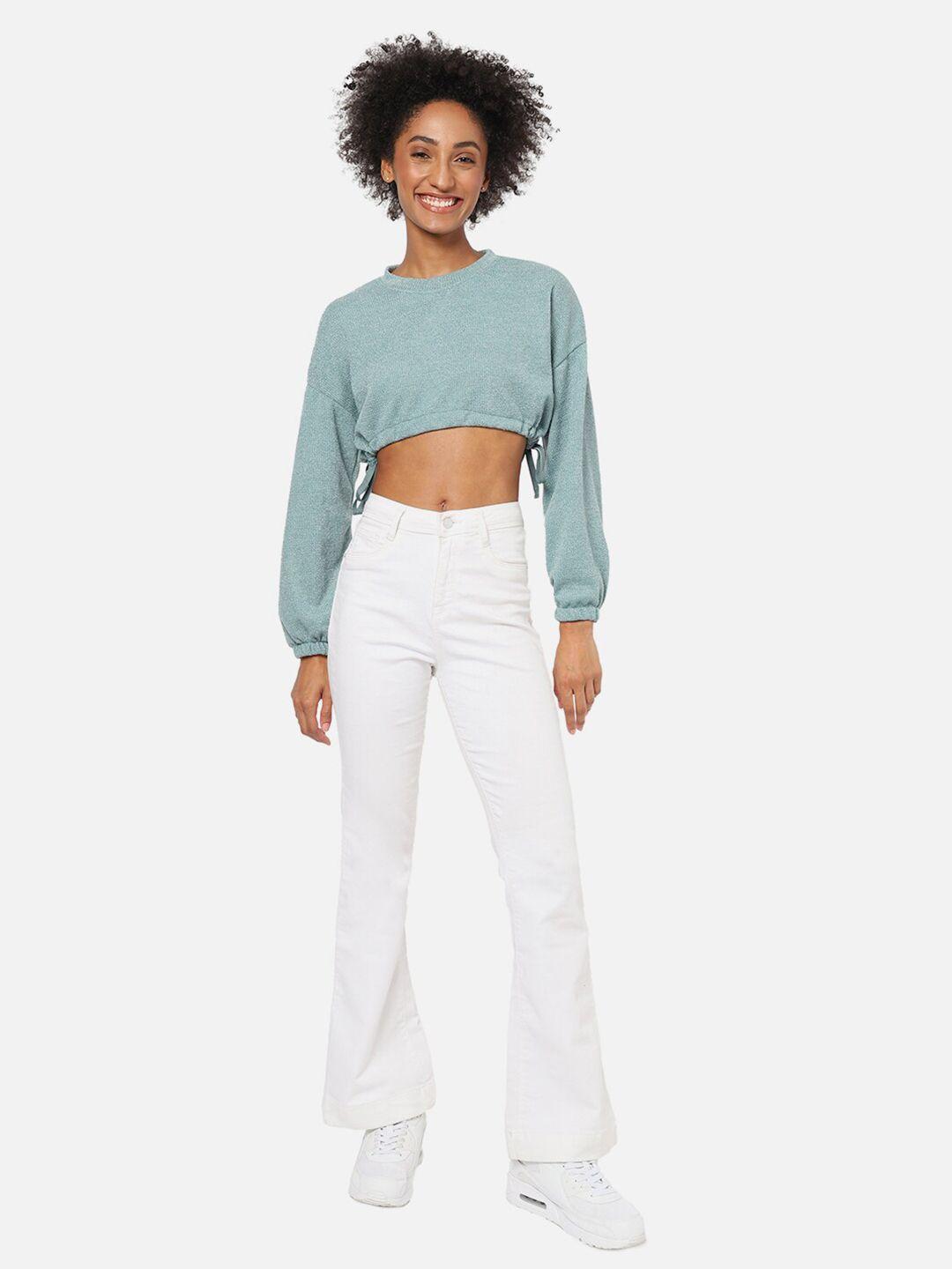 campus sutra women sea green crop sweatshirt