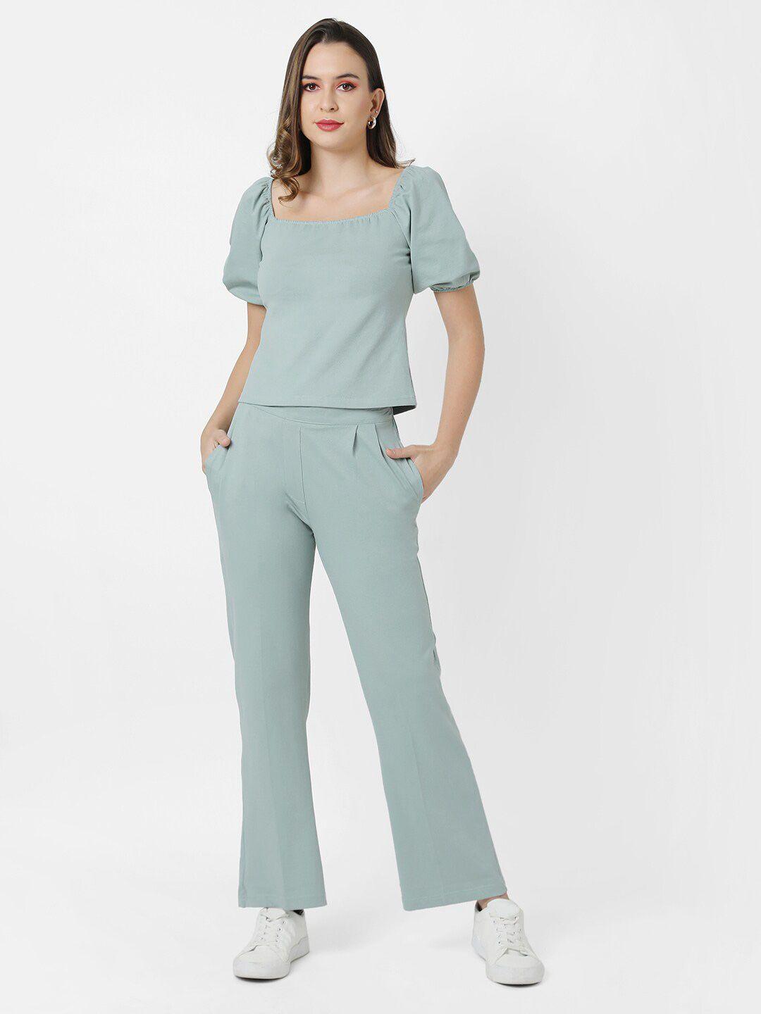 campus sutra women sea green solid top & trousers