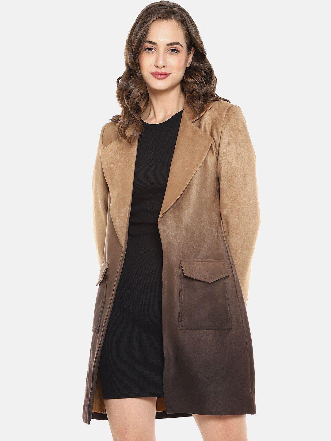 campus sutra women tan brown & coffee brown solid suede casual long overcoat