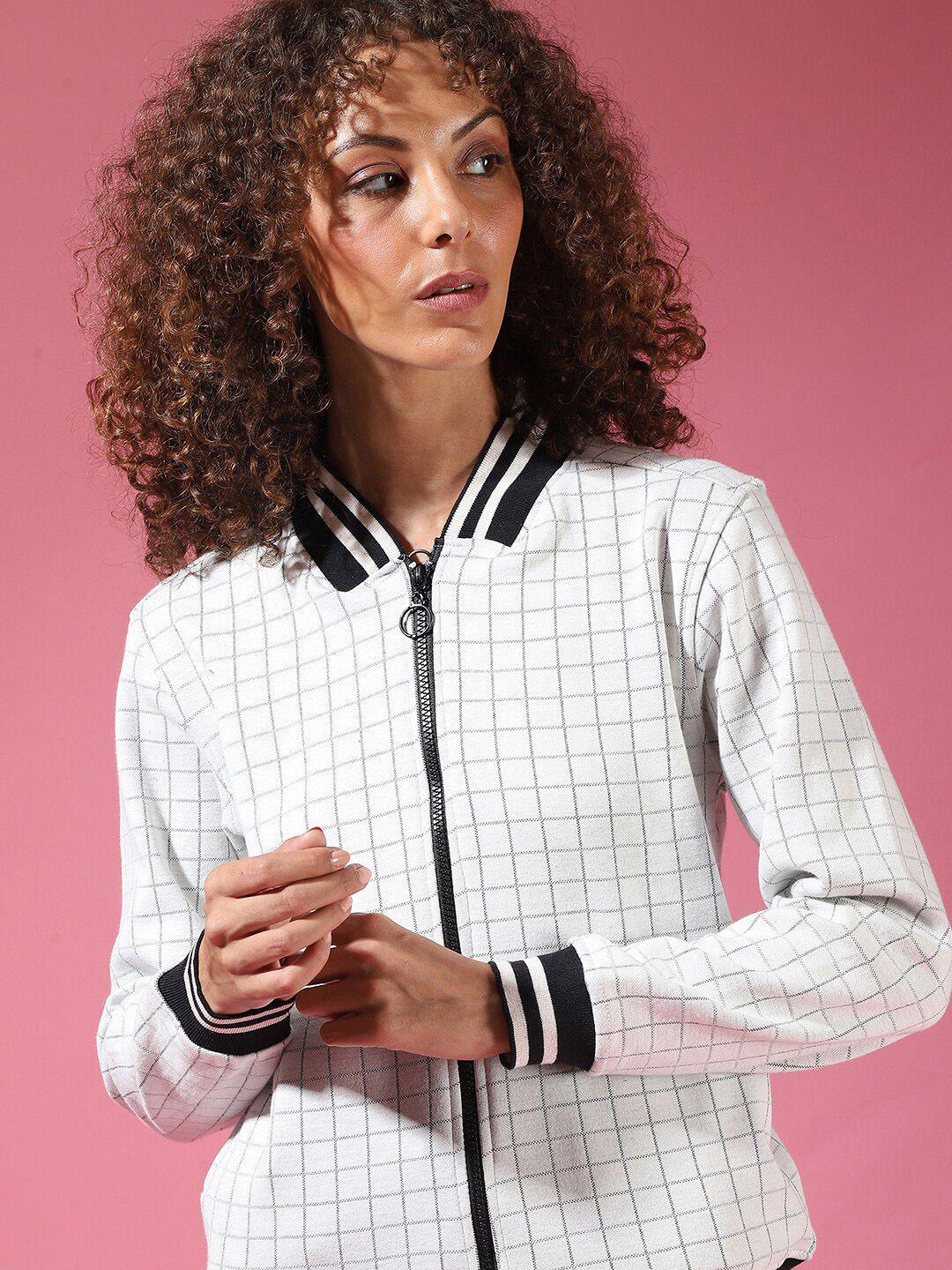campus sutra women white & black checked windcheater bomber jacket
