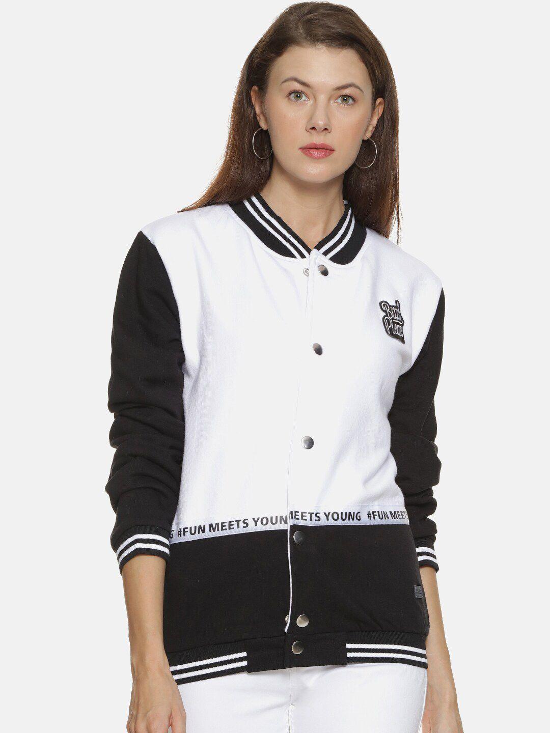 campus sutra women white & black colourblocked sweatshirt