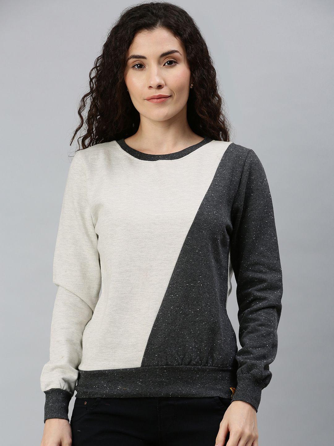 campus sutra women white & charcoal grey colourblocked pullover sweatshirt