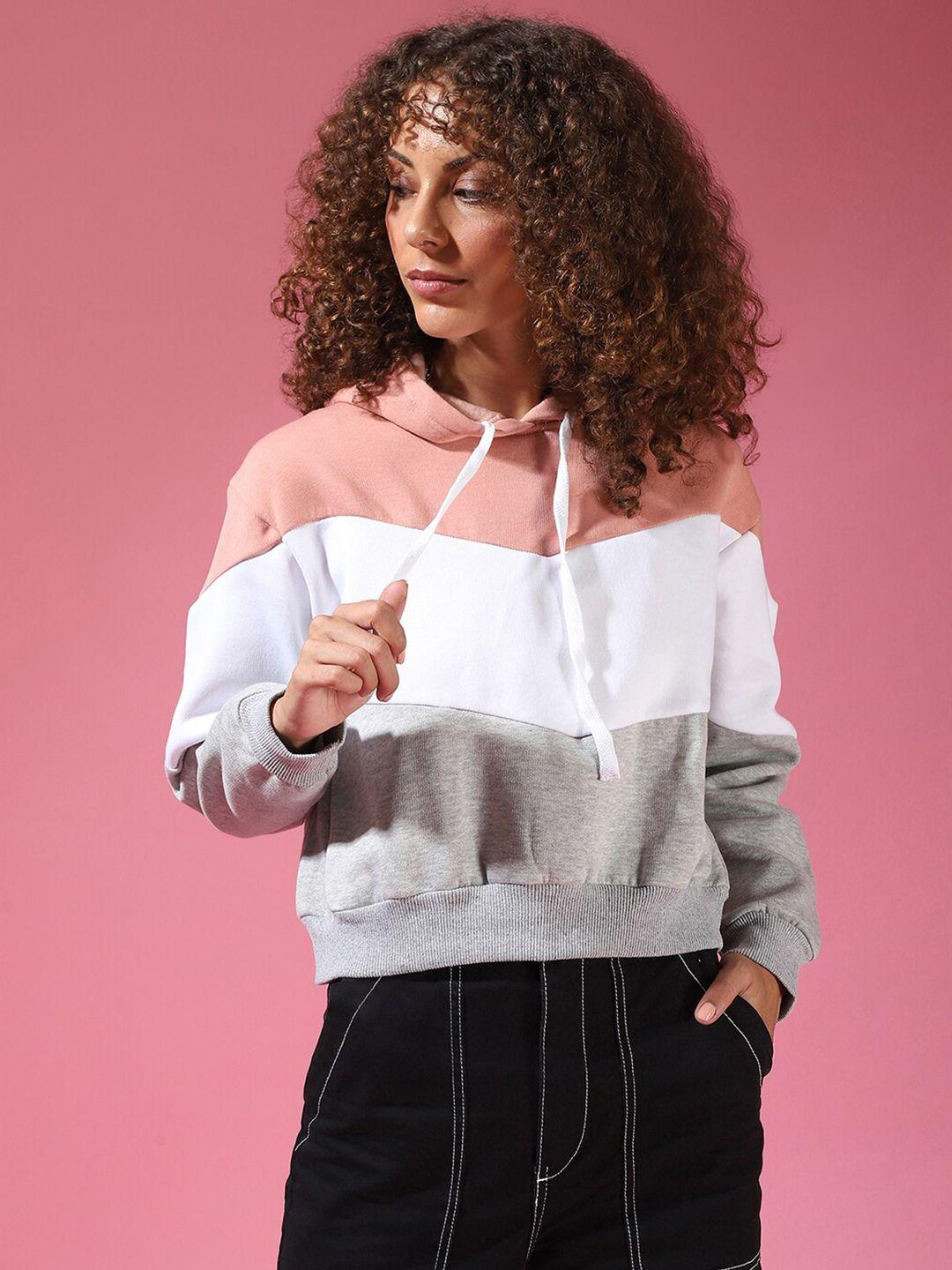 campus sutra women white & peach colourblocked sweatshirt