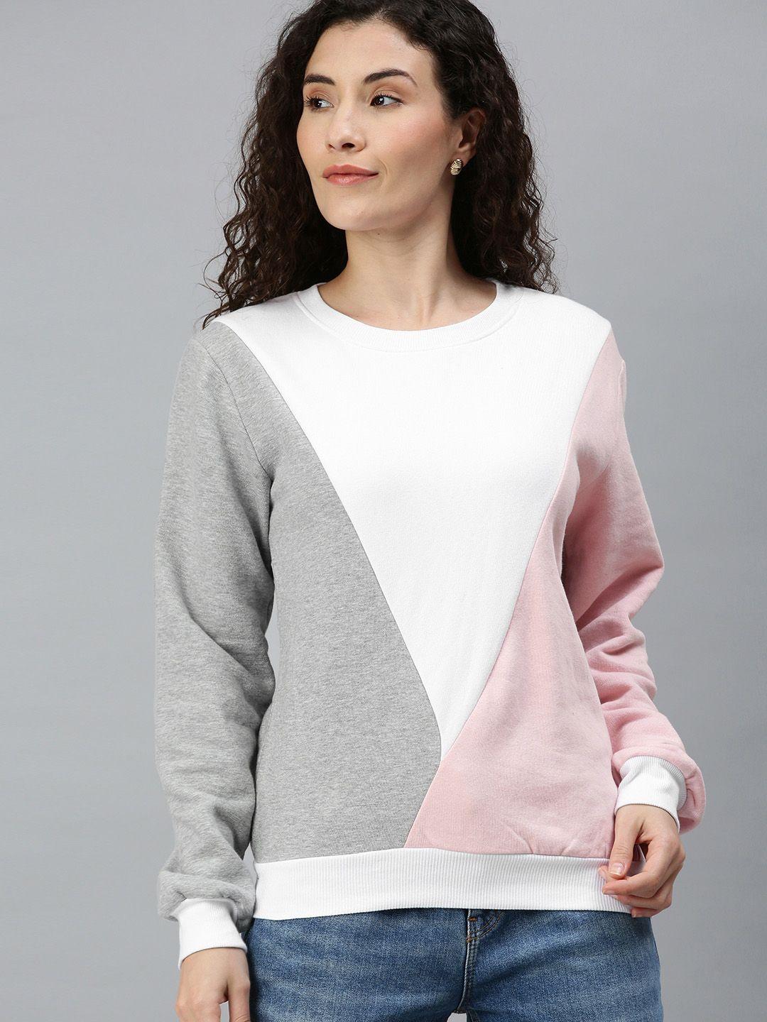 campus sutra women white & pink colourblocked pullover sweatshirt