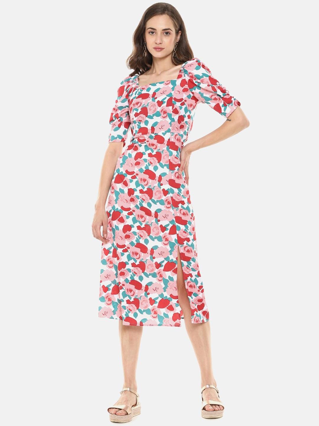 campus sutra women white & pink floral printed midi dress